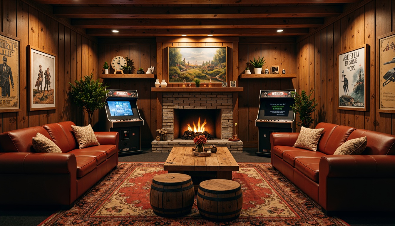 Prompt: Cozy game room, rustic wooden walls, vintage gaming posters, warm ambient lighting, plush comfortable sofas, reclaimed wood coffee tables, industrial metal shelves, earthy color palette, natural stone fireplaces, distressed leather armchairs, wooden barrel stools, classic arcade machines, modern gaming consoles, rich wood grain textures, shallow depth of field, 2/3 composition, soft focus blur, warm cozy atmosphere.