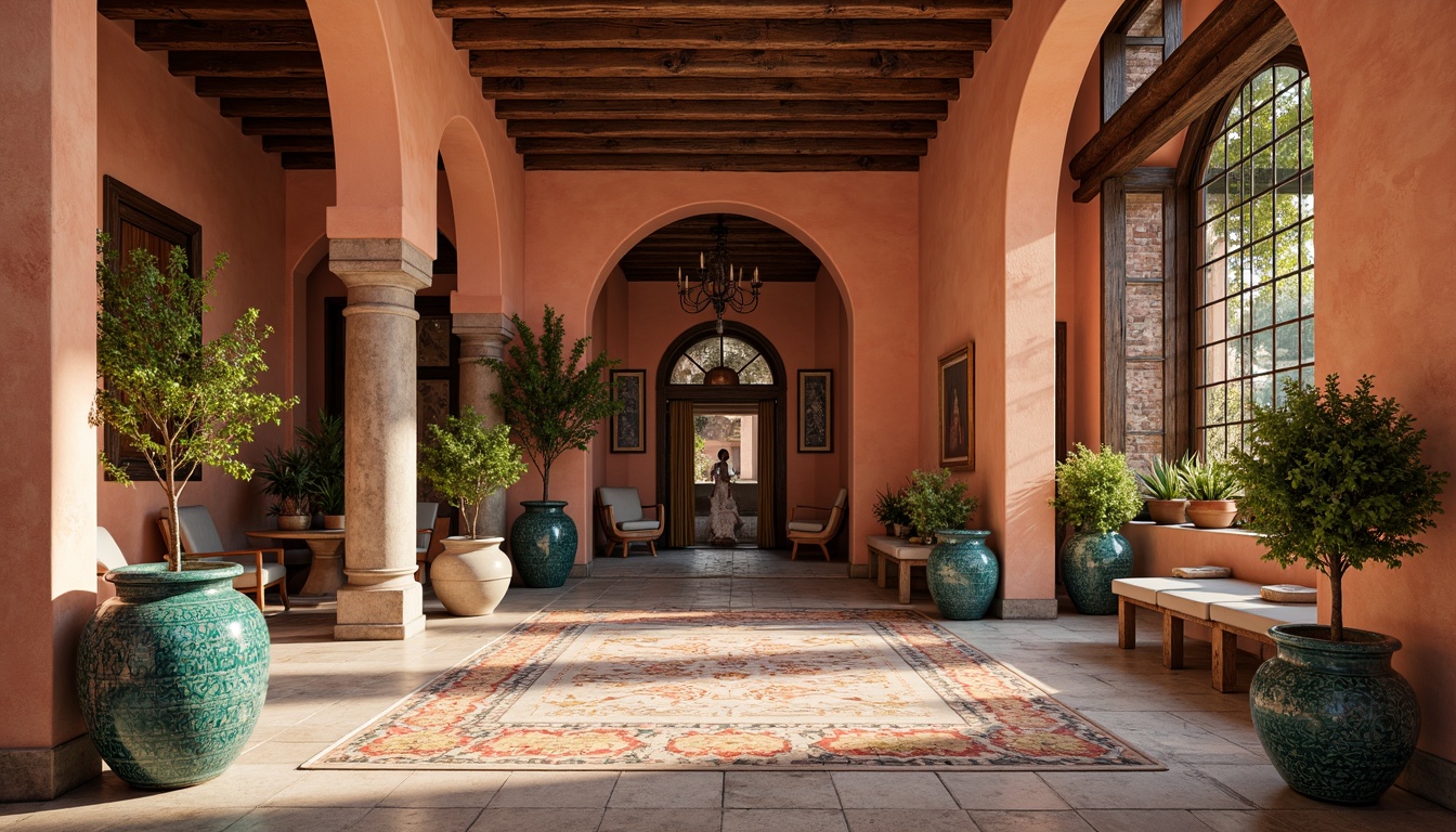 Prompt: Warm terracotta walls, ornate ceramic tiles, rustic wooden accents, distressed stone floors, elegant archways, decorative ironwork, vibrant turquoise ceramics, lush greenery, potted olive trees, colorful Moroccan-inspired textiles, intricate geometric patterns, soft warm lighting, shallow depth of field, 3/4 composition, panoramic view, realistic textures, ambient occlusion.