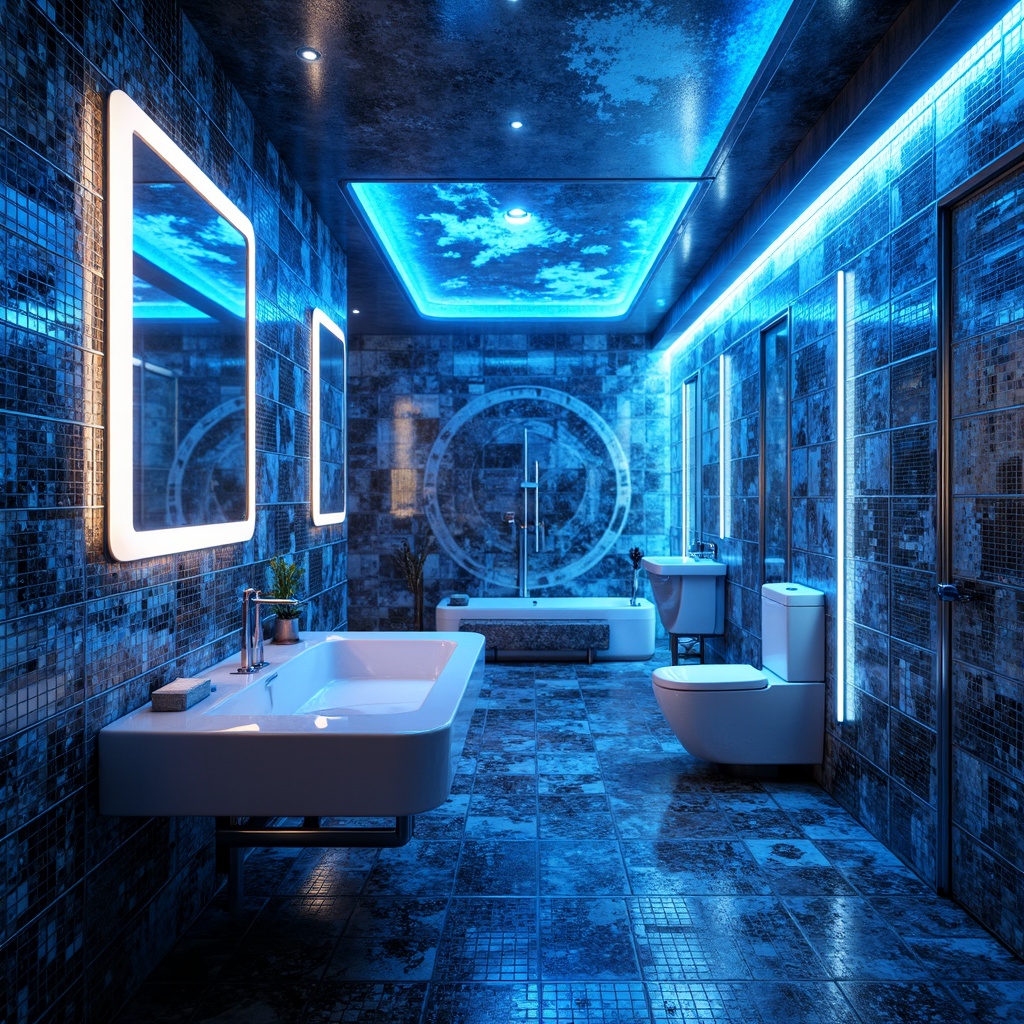 Prompt: Futuristic bathroom, neon-lit ambiance, iridescent tiles, holographic mirror, LED light strips, metallic accents, sleek chrome fixtures, high-gloss finish, electric blue hues, radiant silver tones, luminescent whites, deep space blacks, geometric patterns, digital-inspired textures, ambient glow, 3D visual effects, futuristic materials, cutting-edge design, avant-garde style.