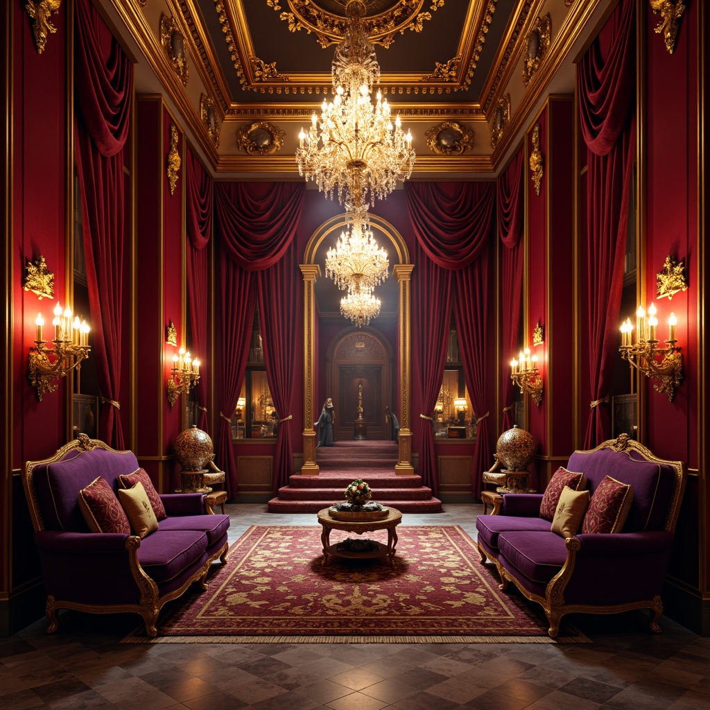 Prompt: Rich velvet drapes, ornate gold accents, lavish crimson walls, intricate wooden carvings, grand crystal chandeliers, luxurious silk fabrics, dramatic spotlights, warm candlelight, opulent marble floors, Baroque-style furniture, regal purple upholstery, golden leaf patterns, soft focus blur, 1/1 composition, cinematic lighting, realistic textures, ambient occlusion.