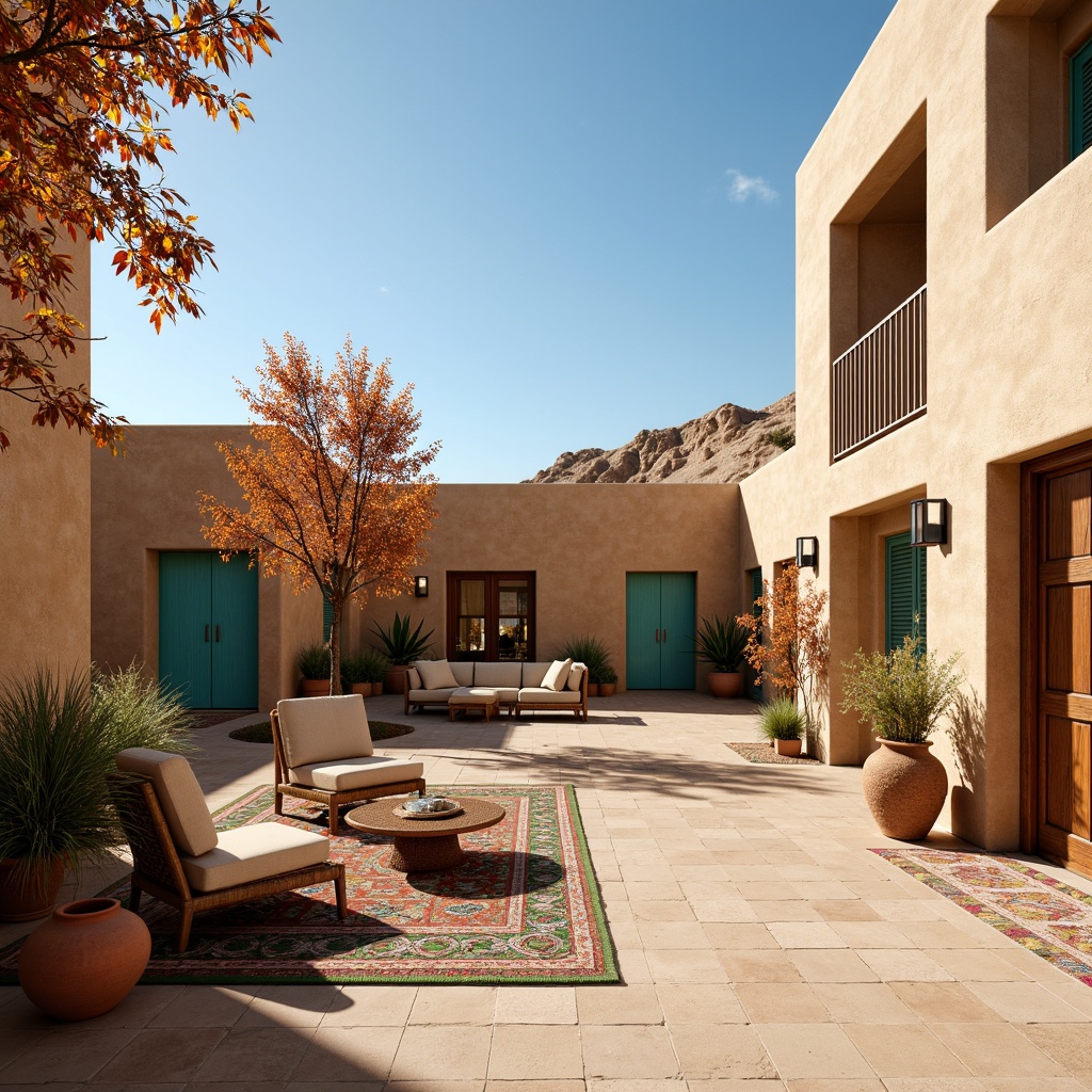 Prompt: Earthy southwestern apartments, warm beige stucco exterior, turquoise accents, rustic wooden doors, vibrant desert flora, sandy dunes backdrop, clear blue sky, spacious open-air courtyard, colorful tile work, geometric patterned rugs, woven wicker furniture, natural stone flooring, earthy terracotta pottery, soft warm lighting, shallow depth of field, 3/4 composition, panoramic view, realistic textures, ambient occlusion.