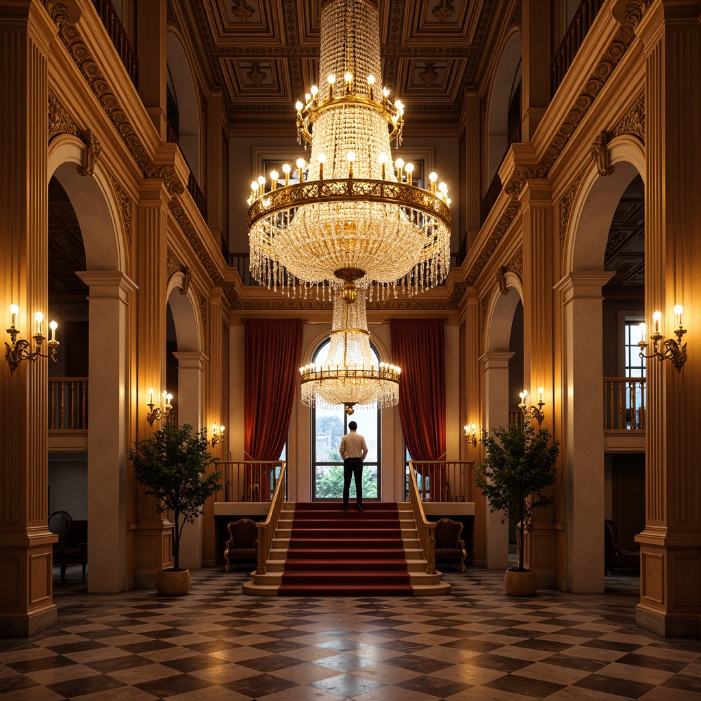 Prompt: Ornate chandeliers, crystal droplets, golden accents, intricate metalwork, luxurious fabrics, velvet drapes, marble columns, grand staircases, neoclassical architecture, symmetrical facades, ornamental moldings, gilded frames, soft warm glow, ambient lighting, crystal sconces, bronze fixtures, opulent decor, lavish interiors, 1/1 composition, shallow depth of field, warm color palette, realistic textures.