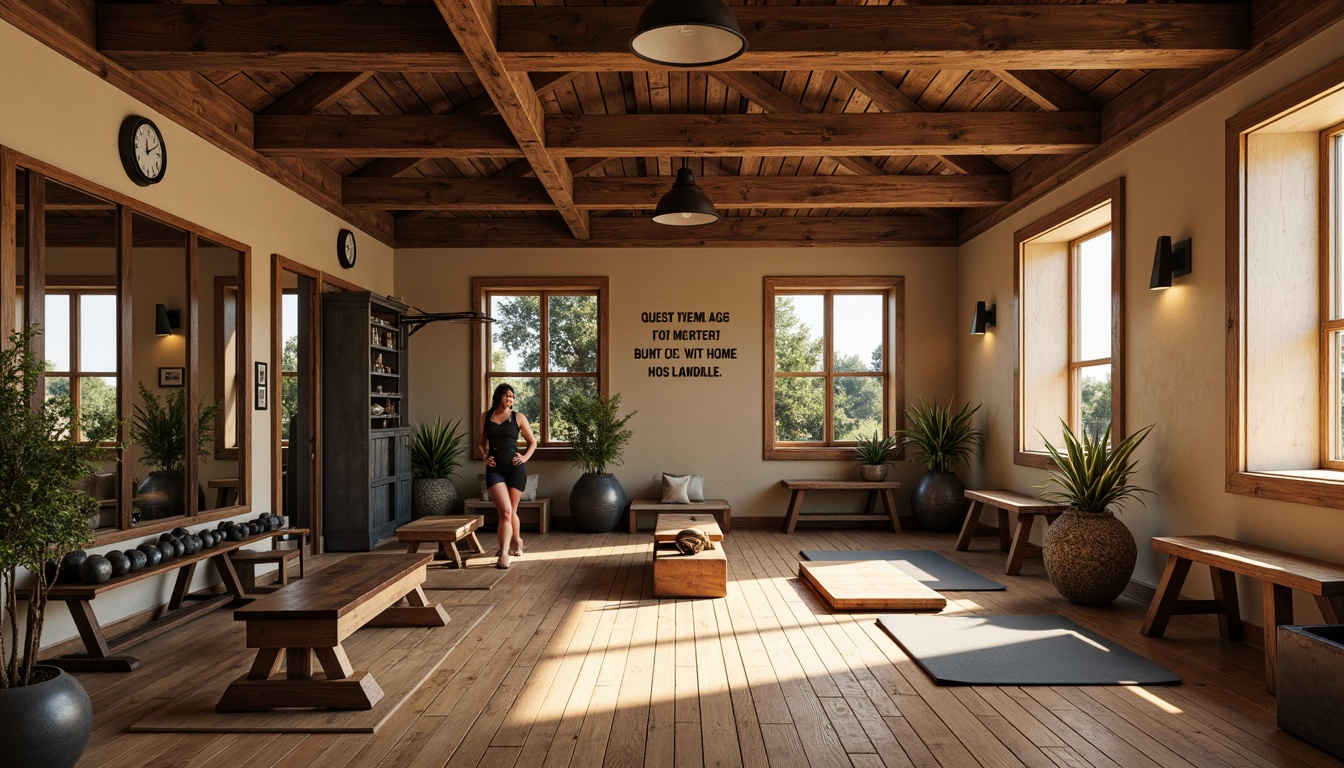 Prompt: Cozy home gym, traditional wooden flooring, warm beige walls, vintage metal equipment, free weights, dumbbells, kettlebells, exercise mats, mirrored walls, rustic wooden beams, soft warm lighting, natural stone accents, leather-bound benches, old-fashioned clock, motivational quotes, calm atmosphere, shallow depth of field, 1/1 composition, realistic textures, ambient occlusion.