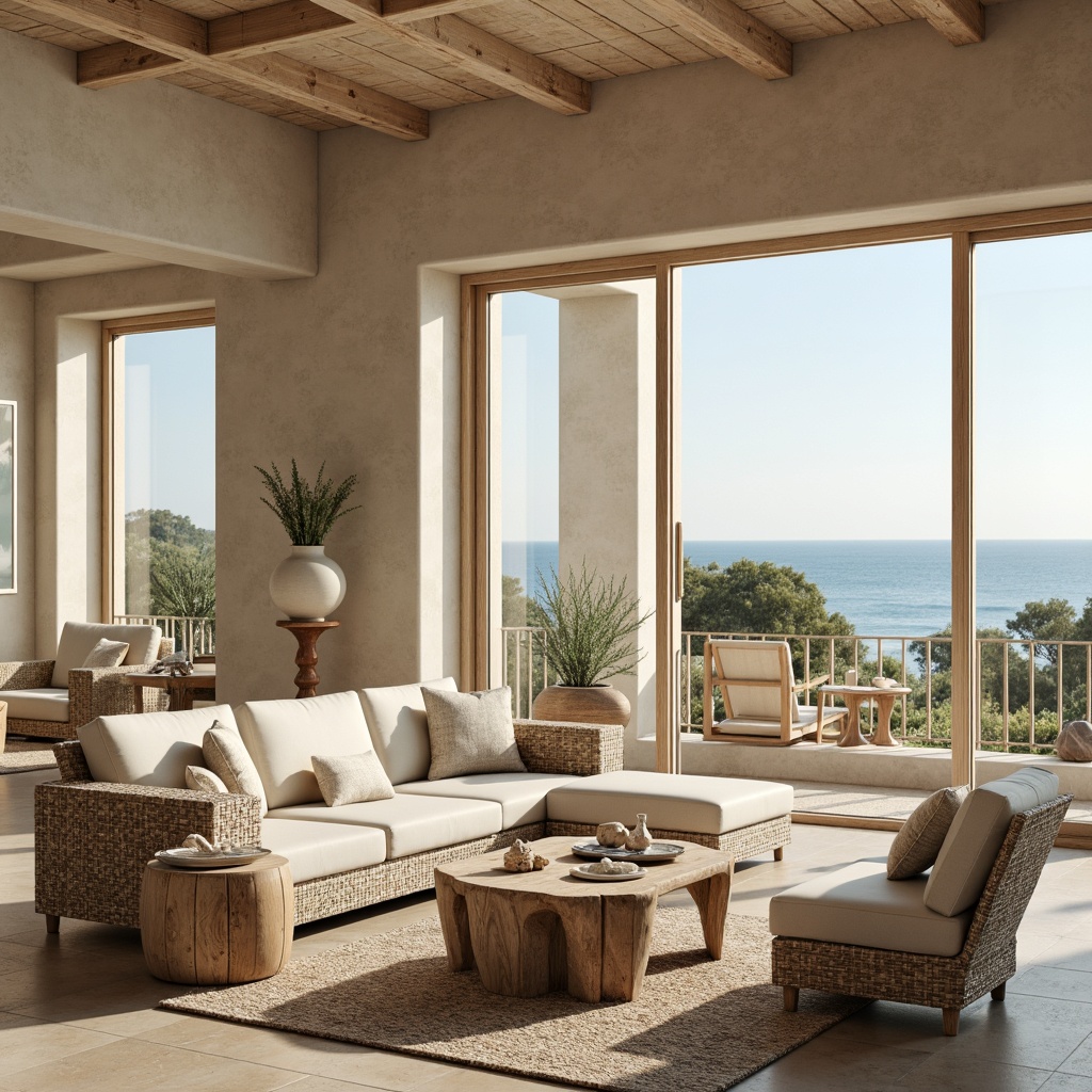 Prompt: Serene coastal ambiance, soft sandy beige tones, driftwood furniture, natural woven fibers, ocean-inspired accents, calming blue hues, airy open spaces, floor-to-ceiling windows, sliding glass doors, beachy textiles, shell decorations, coral patterns, distressed wood finishes, minimalist decor, ambient warm lighting, 1/1 composition, realistic reflections, subtle wave motifs.