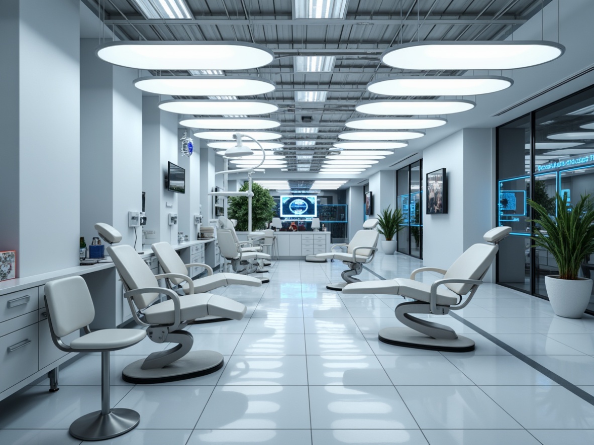 Prompt: Futuristic dental clinic interior, sleek metal lighting fixtures, LED strip lights, ambient glow, minimalist design, clean lines, sterile environment, white glossy surfaces, glass partitions, modern ergonomic furniture, advanced medical equipment, high-tech gadgets, futuristic decorations, neon-lit signs, glowing accents, soft indirect illumination, 1/2 composition, shallow depth of field, realistic reflections.