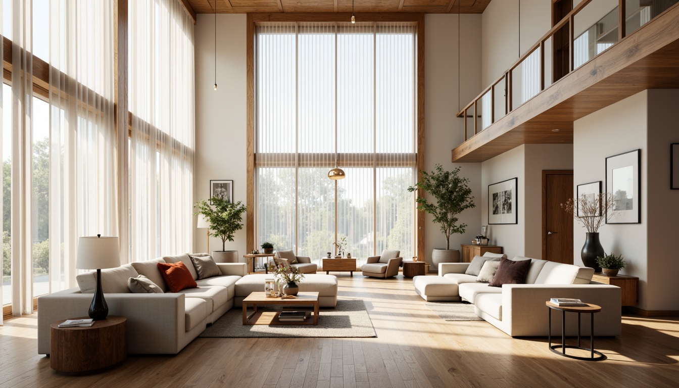 Prompt: Spacious living room, high ceilings, large windows, natural light pouring in, sheer curtains, wooden floors, minimal decor, bright airy atmosphere, warm cozy nooks, reading areas, floor lamps, pendant lights, soft diffused lighting, 1/1 composition, shallow depth of field, realistic textures, ambient occlusion.