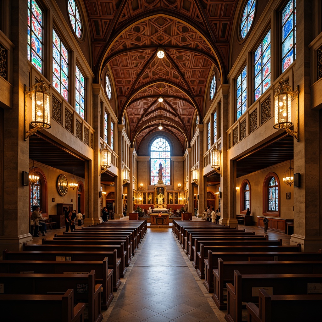 Prompt: Vaulted ceiling, grand auditorium, stained glass windows, kaleidoscope colors, intricate stone carvings, ornate chandeliers, polished marble floors, wooden pews, dramatic lighting effects, warm golden tones, rich textures, mysterious ambiance, symmetrical composition, high-angle shot, detailed patterns, sacred atmosphere, vibrant jewel-toned accents.