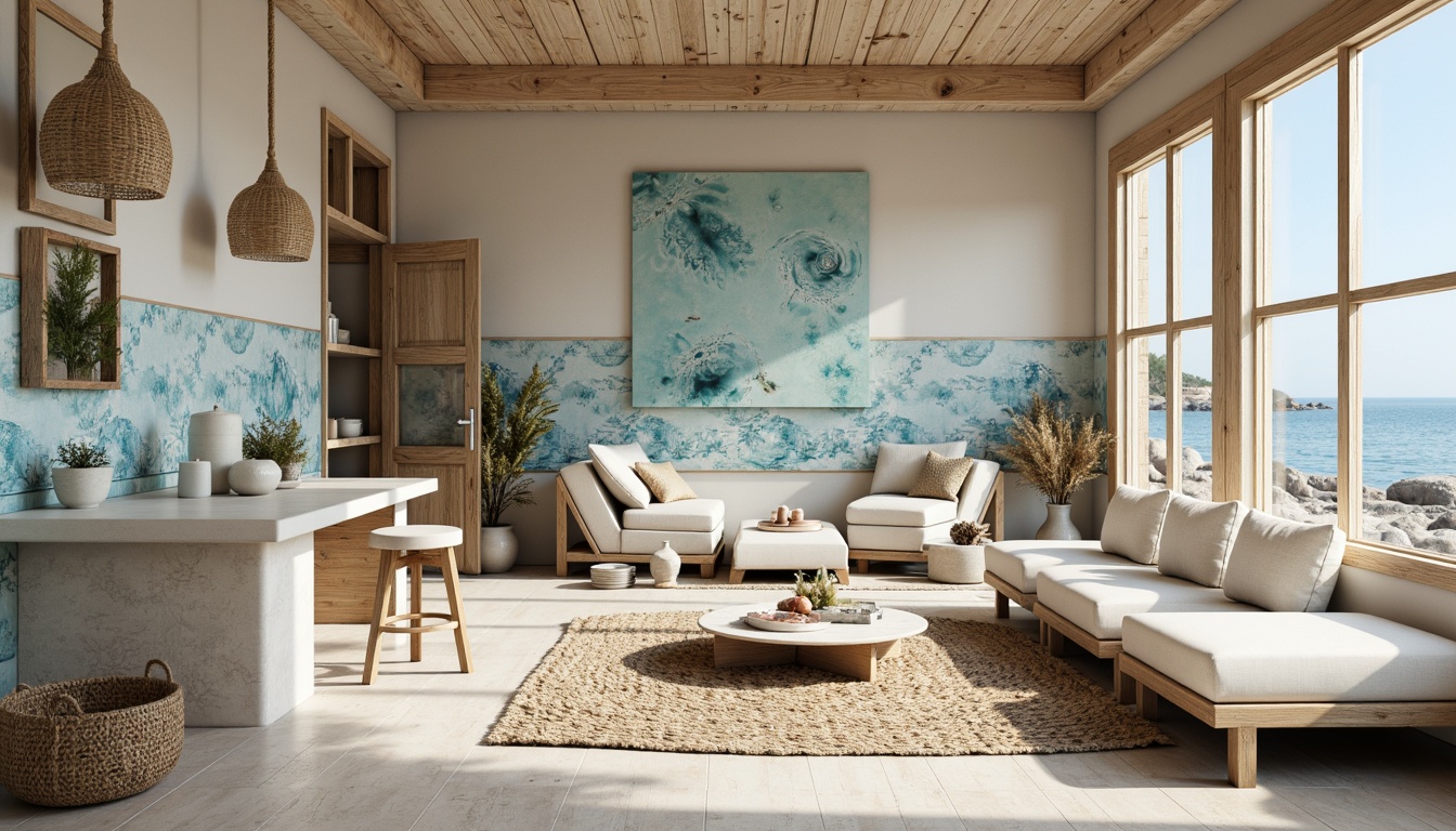 Prompt: Coastal-themed interior, natural textures, ocean-inspired colors, beachy vibe, weathered wood accents, driftwood furniture, sea-salt scented candles, wavy patterns, soft blue hues, creamy whites, sandy neutrals, glass tile backsplash, iridescent shells, pebbled flooring, ocean-blue glazed ceramics, seaside-inspired murals, natural fiber rugs, woven baskets, nautical rope details, warm sunny lighting, shallow depth of field, 1/1 composition.