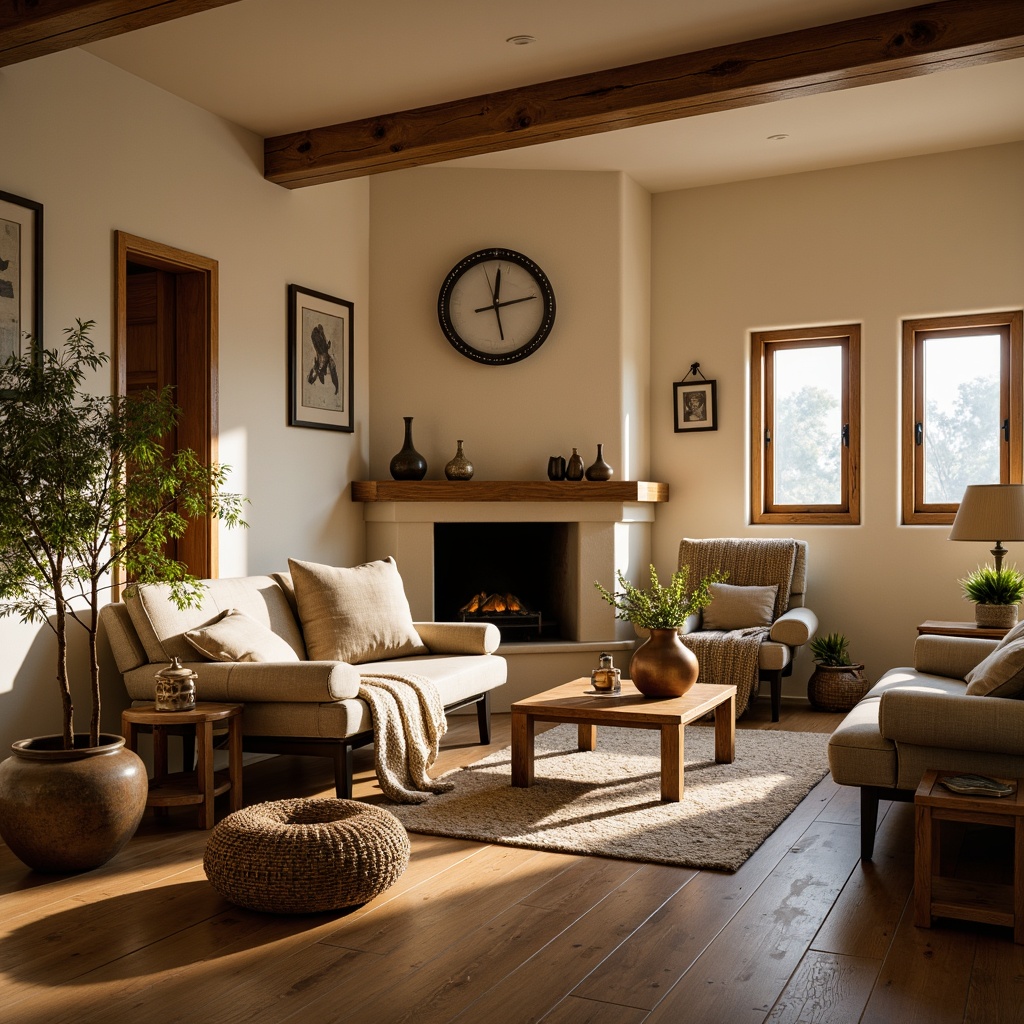 Prompt: Cozy living room, warm beige walls, rich wood flooring, plush area rugs, comfortable sofas, chunky knit throw blankets, rustic wooden coffee tables, vintage metal lamps, earthy ceramic vases, natural fiber upholstery, woven baskets, soft golden lighting, warm color palette, inviting ambiance, 1/1 composition, shallow depth of field, realistic textures, ambient occlusion.