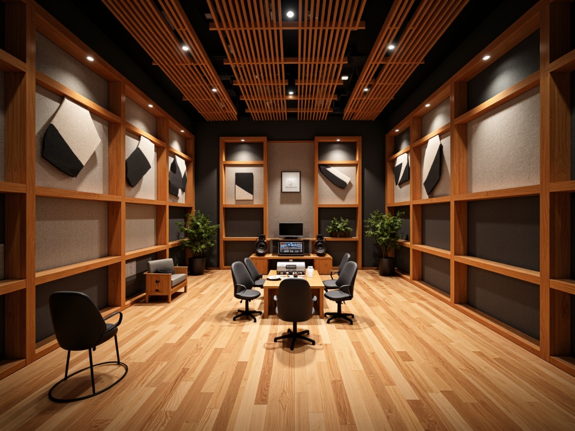 Prompt: Soundproof recording studio, wooden acoustic panels, fabric-wrapped absorption, geometric pattern designs, sound-dampening materials, optimized speaker placement, professional audio equipment, high-ceiling space, minimal reverberation, warm ambient lighting, 1/1 composition, shallow depth of field, realistic textures, soft focus effect.Let me know if you need any adjustments!