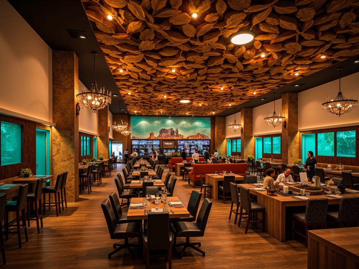 Prompt: Southwestern casino interior, warm golden lighting, vibrant turquoise accents, rustic wooden textures, ornate metal fixtures, dramatic ceiling treatments, suspended lanterns, LED strip lights, ambient floor lamps, cozy seating areas, intimate table settings, bold color schemes, dynamic shadowing, high-contrast ratios, cinematic ambiance, moody atmosphere, 3/4 composition, shallow depth of field, realistic renderings, subtle noise textures.