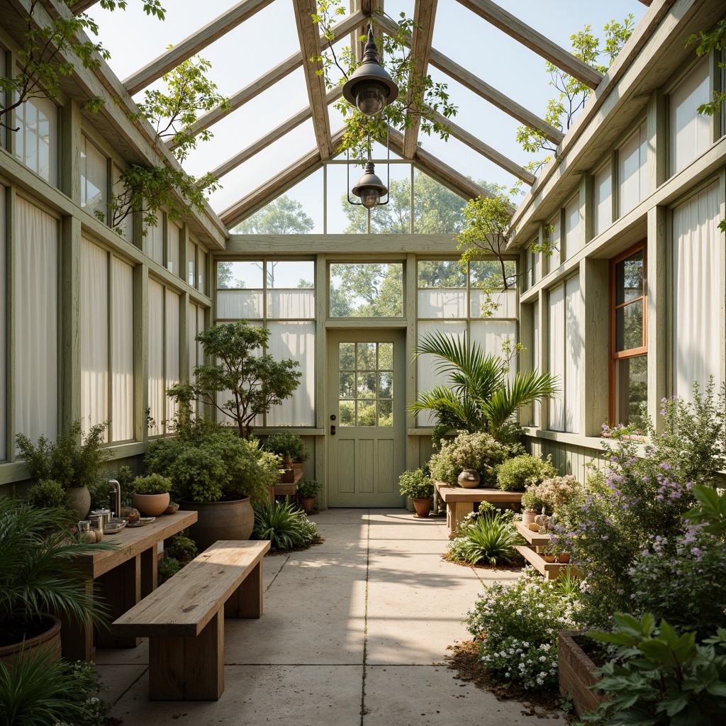 Prompt: Whimsical greenhouse, distressed wood accents, soft pastel hues, muted sage green walls, ivory trellises, vintage metal lanterns, delicate florals, lace curtains, rustic stone pathways, moss-covered planters, worn wooden benches, warm natural light, subtle shadows, 1/1 composition, romantic ambiance, soft focus, gentle color grading.