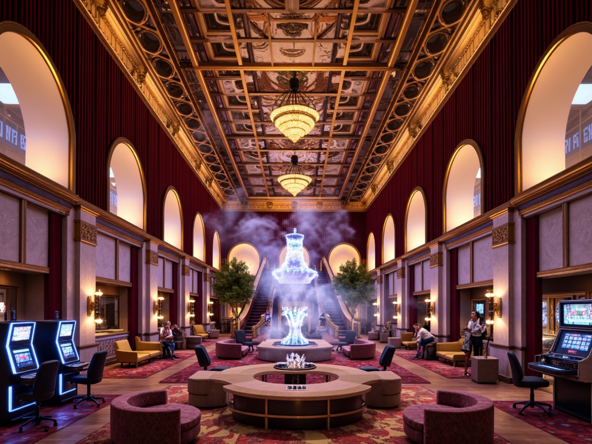 Prompt: Luxurious casino interior, ornate chandeliers, lavish velvet drapes, flashy neon lights, bold geometric patterns, abstract sculptures, opulent marble floors, gilded accents, dramatic archways, grandiose staircases, vibrant color schemes, eclectic furniture designs, retro-futuristic decor, ornamental mirrors, metallic columns, atmospheric smoke effects, low-angle shot, cinematic lighting, high-contrast ratio, 2.35