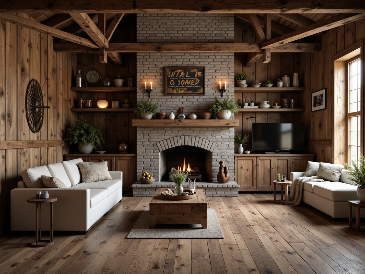 Prompt: Rustic farmhouse, distressed wood planks, vintage metal signs, earthy tones, natural stone walls, reclaimed barn wood, exposed brick, wooden beams, shiplap siding, country-inspired decor, warm candlelight, soft shadows, shallow depth of field, 1/1 composition, realistic textures, ambient occlusion.