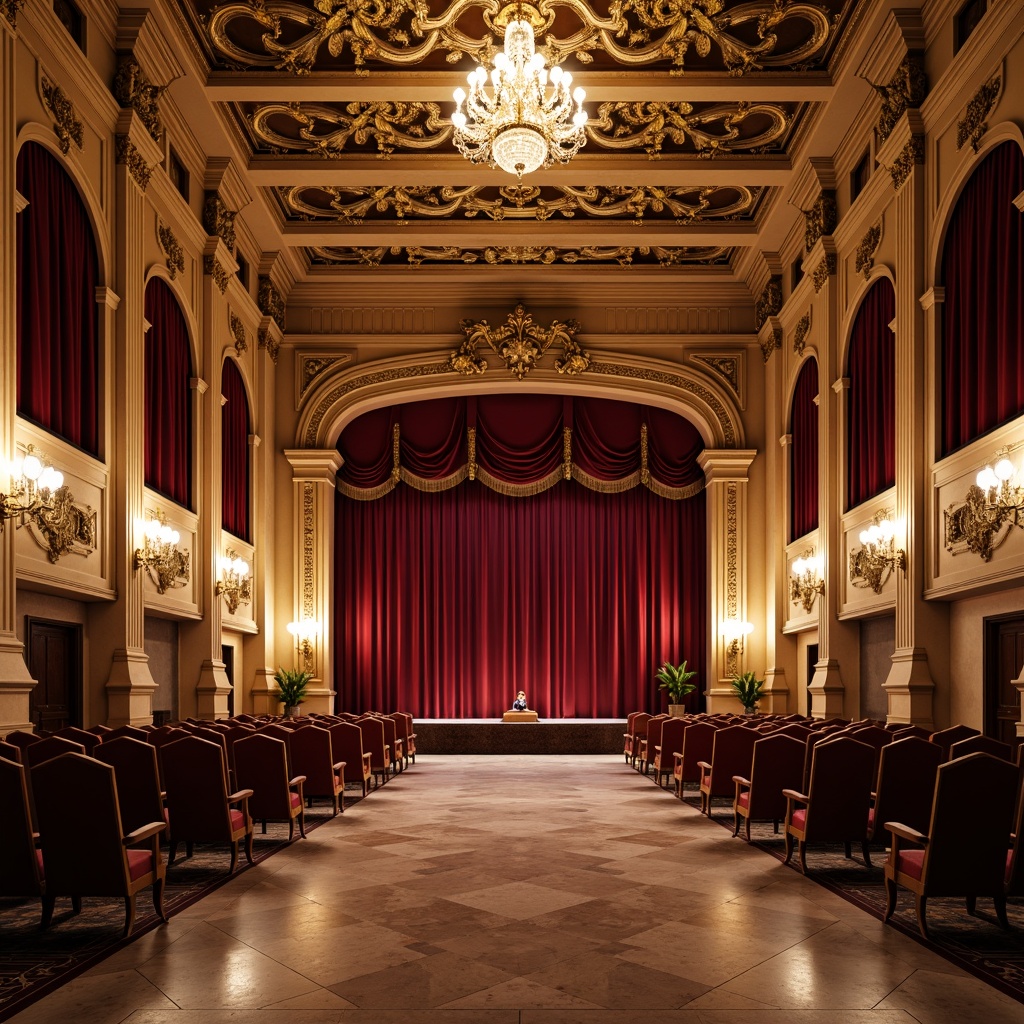 Prompt: Opulent theater interior, intricate moldings, neoclassical style, grandiose columns, ornate details, lavish chandeliers, rich fabrics, velvet drapes, gilded accents, marble floors, majestic arches, symmetrical composition, soft warm lighting, dramatic spotlights, 3/4 perspective, realistic textures, ambient occlusion.