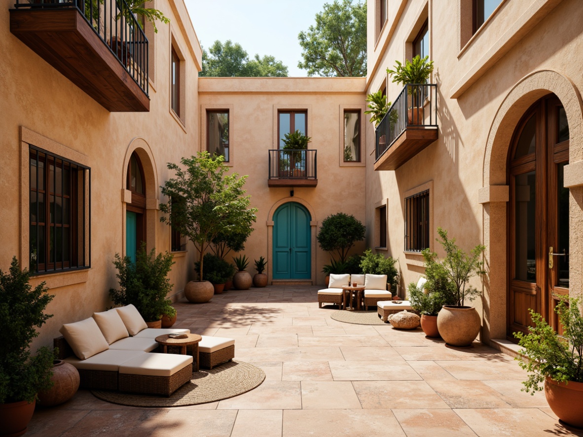 Prompt: Warm beige walls, rustic stone textures, earthy terracotta tones, arched windows, wrought iron balconies, ornate wooden doors, vibrant turquoise accents, lush greenery, potted plants, cozy outdoor seating areas, soft warm lighting, shallow depth of field, 1/1 composition, realistic renderings, ambient occlusion, Mediterranean-inspired architectural details, ornamental tiles, ceramic decorations, natural materials, earthy color palette.