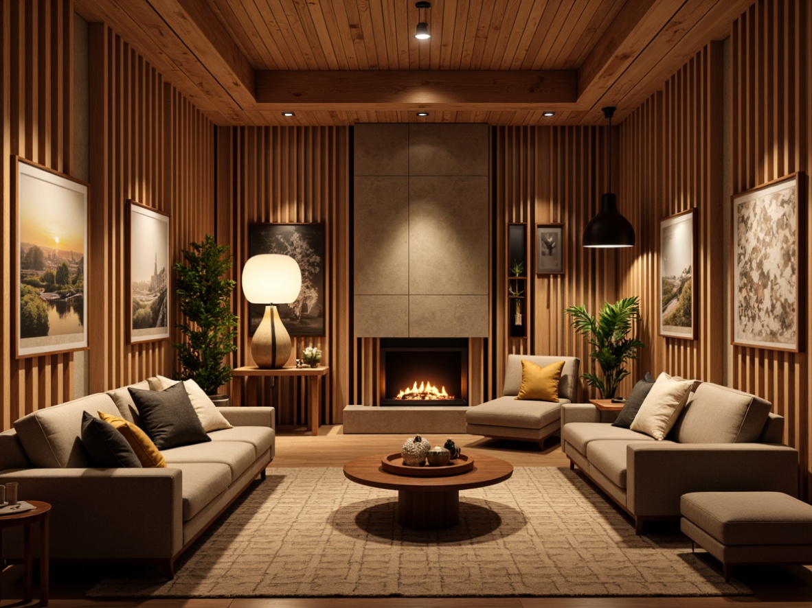 Prompt: Warm and inviting mid-century modern interior, natural materials, wooden accents, earthy tones, geometric patterns, minimal ornamentation, functional furniture, statement lighting fixtures, table lamps, floor lamps, pendant lights, warm white light, soft glow, subtle shadows, 1/1 composition, shallow depth of field, realistic textures, ambient occlusion.