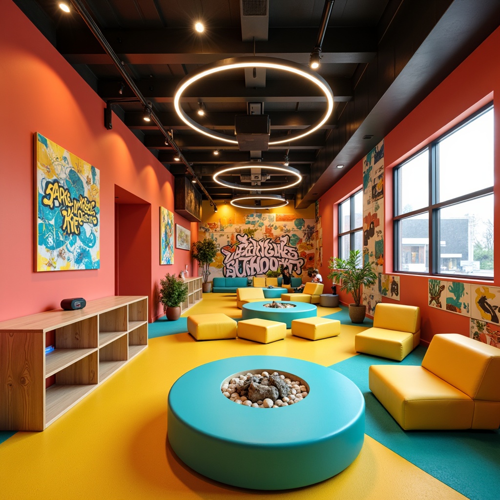 Prompt: Vibrant youth center, playful atmosphere, bright coral walls, energetic yellow accents, calming turquoise furniture, natural wood textures, modern minimalist decor, sleek metal fixtures, abstract geometric patterns, urban graffiti-inspired murals, dynamic LED lighting, warm inviting ambiance, shallow depth of field, 1/2 composition, soft focus blur, realistic rendering.