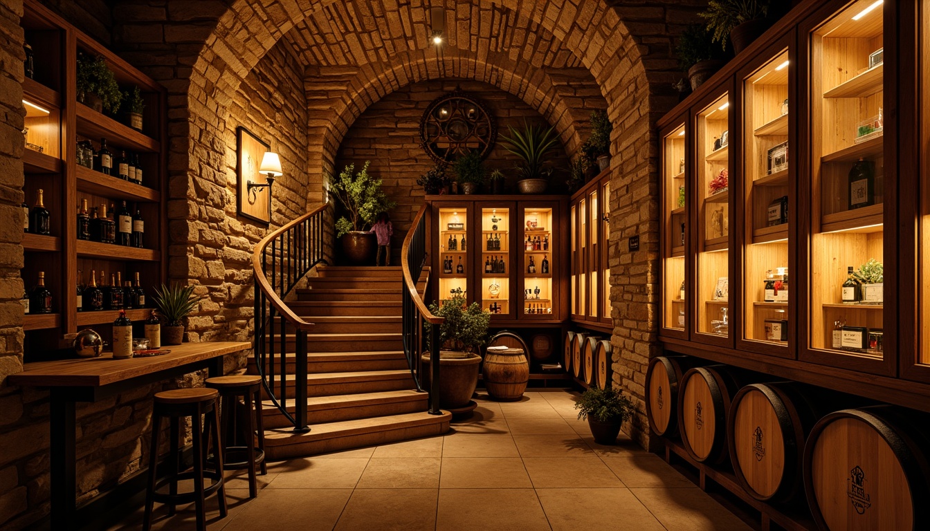 Prompt: Intimate wine cellar, rustic stone walls, dimly lit atmosphere, warm golden lighting, wooden wine racks, glass-enclosed storage, rich wood tones, soft shadows, subtle aromas, velvety textures, ambient glow, cozy nooks, curved staircases, ornate metalwork, vintage wine barrels, earthy colors, muted sounds, tranquil ambiance, soft focus, shallow depth of field, 2/3 composition, warm color palette.