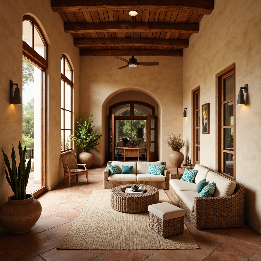 Prompt: Southwestern-inspired interior, warm beige walls, rustic wooden accents, earthy terracotta floors, woven wicker furniture, vibrant turquoise decorative accents, soft natural lighting, large windows, sliding glass doors, arched doorways, cozy reading nooks, plush textiles, ambient shadows, warm color palette, 1/1 composition, shallow depth of field, realistic textures.