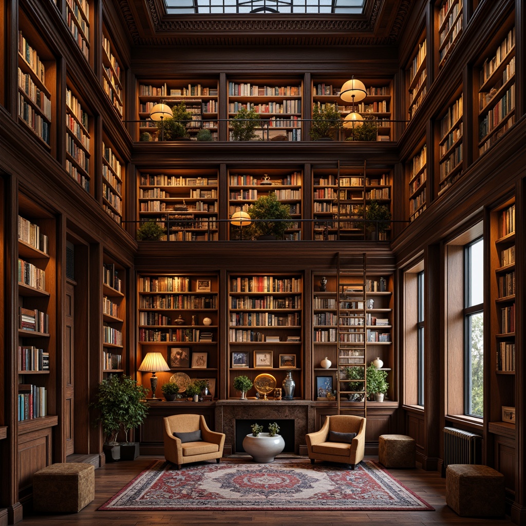 Prompt: \Elegant bookshelves, ornate wooden frames, rich leather-bound books, golden accents, soft warm lighting, vintage ladder, plush armchairs, dark wood paneling, intricate moldings, classic literature displays, floor-to-ceiling shelves, symmetrical composition, shallow depth of field, 1/1 aspect ratio, warm color palette, cozy reading nooks, decorative vases, antique rugs, sophisticated atmosphere, nostalgic ambiance.\