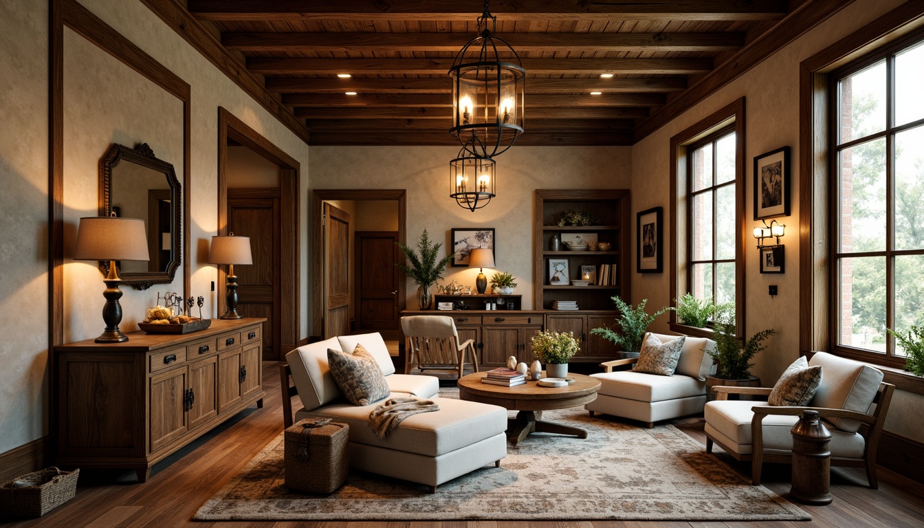 Prompt: Rustic wooden beams, earthy tone walls, cozy living spaces, vintage decorative accents, distressed wood furniture, plush area rugs, warm ambient lighting, metal lantern-style fixtures, wrought iron chandeliers, mason jar pendant lights, natural linen shades, bronze metal finishes, classic craftsman details, built-in cabinetry, ornate wooden trim, stained glass windows, soft warm glow, 1/2 composition, shallow depth of field, realistic textures.