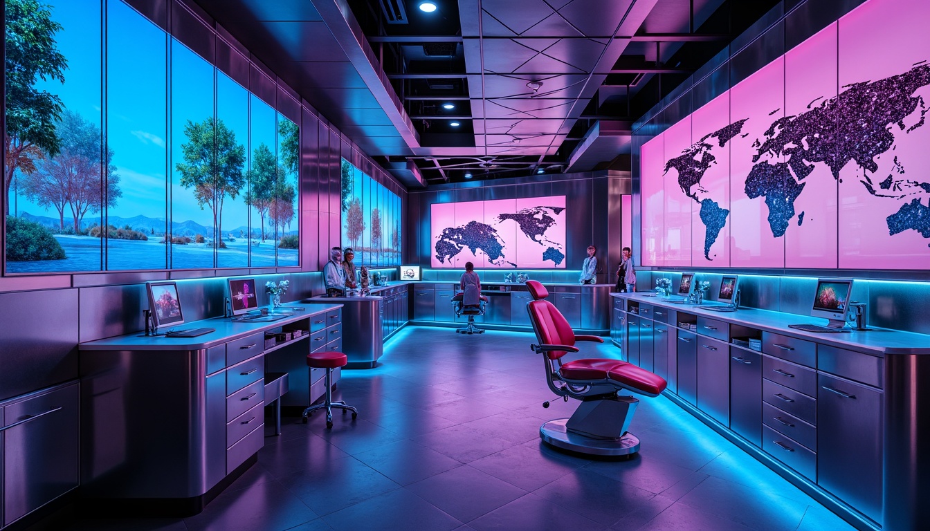 Prompt: Futuristic dental clinic interior, neon-lit walls, metallic accents, glossy surfaces, angular lines, minimalist decor, LED light installations, holographic displays, virtual reality stations, sleek medical equipment, glass partitions, stainless steel countertops, high-gloss flooring, ambient lighting, shallow depth of field, 1/2 composition, realistic reflections, intricate geometric patterns, cyberpunk-inspired color scheme, vibrant blue and purple hues, modern futuristic aesthetic.