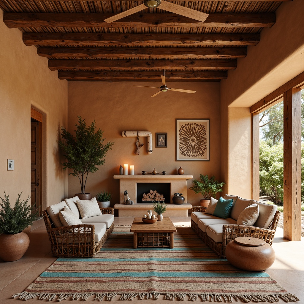 Prompt: Earthy adobe walls, rustic wooden beams, woven Native American patterns, vibrant turquoise accents, sandy beige flooring, plush Southwestern-inspired textiles, natural fiber rugs, clay pottery decorations, warm terracotta tones, distressed leather furniture, vintage metalware, earthy scented candles, soft warm lighting, shallow depth of field, 1/1 composition, realistic textures, ambient occlusion.