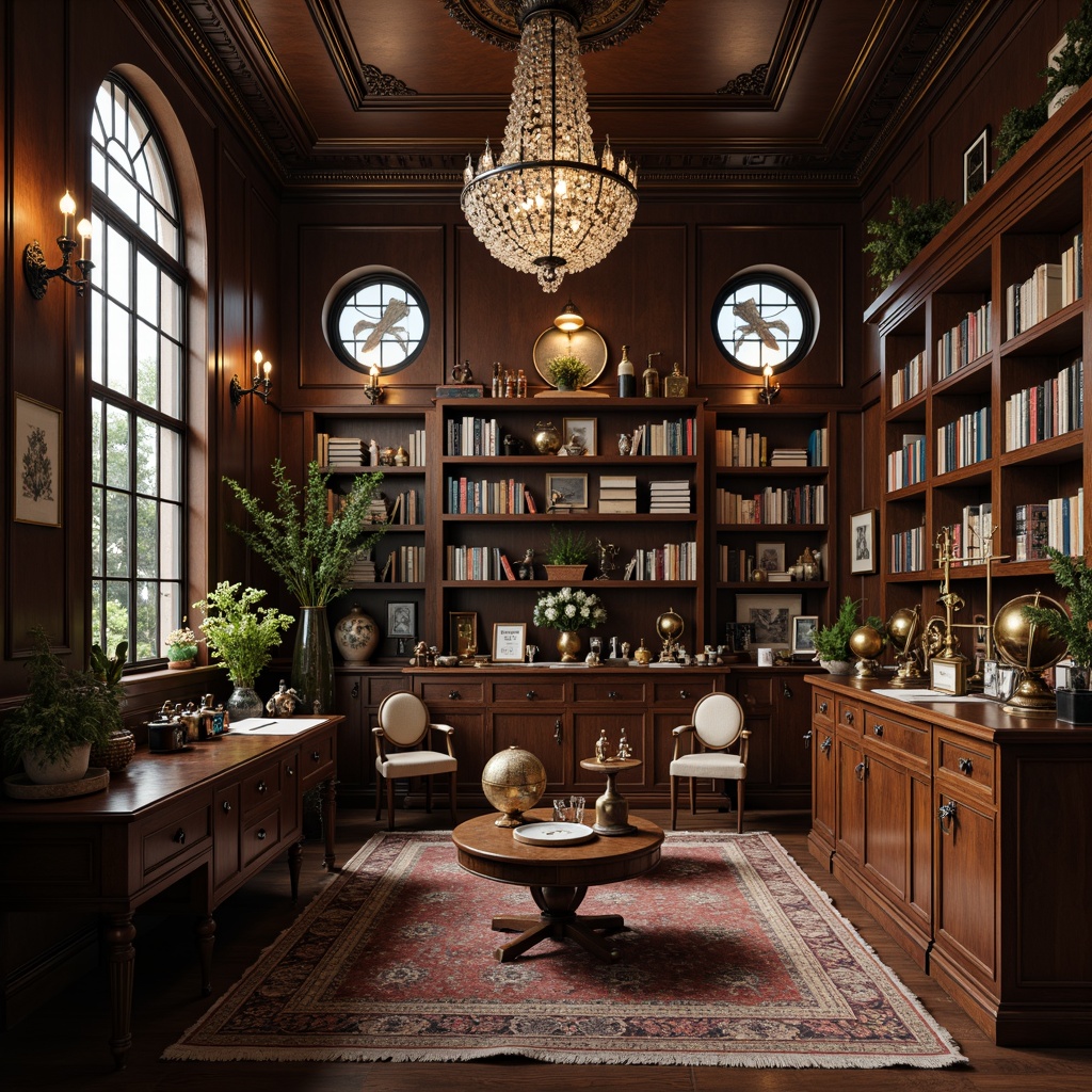 Prompt: Elegant laboratory furniture, neoclassical ornate details, polished wooden surfaces, metallic accents, vintage scientific instruments, antique globes, leather-bound books, ornamental candelabras, rich velvet upholstery, crystal chandeliers, high-contrast lighting, dramatic shadows, symmetrical composition, 1/2 shot framing, cinematic atmosphere, subtle texture noise, refined ambient Occlusion.