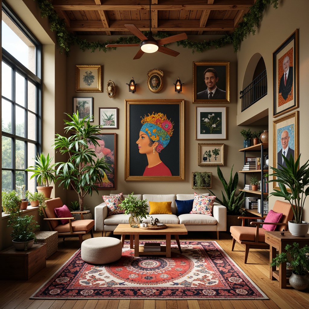 Prompt: Vibrant art studio, eclectic bohemian decor, rich jewel tones, bold brushstrokes, textured canvas, golden accents, warm beige walls, natural wood floors, cozy reading nooks, floor-to-ceiling windows, soft diffused lighting, 1/1 composition, intimate atmosphere, realistic skin tones, subtle color gradations, oil painting textures.