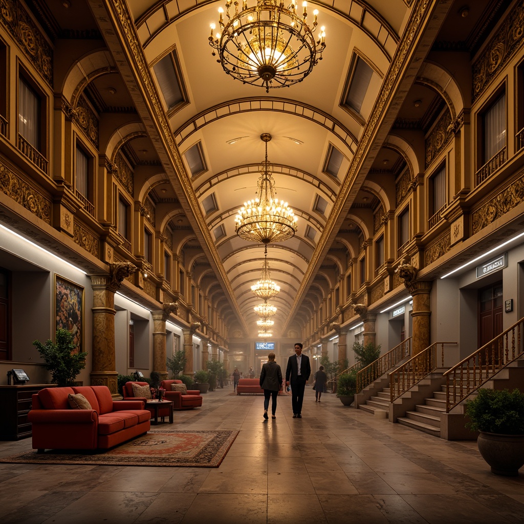 Prompt: Grandiose metro station, ornate chandeliers, golden accents, intricate moldings, dramatic archways, lavish furnishings, rich velvet fabrics, majestic columns, grand staircases, opulent marble floors, warm golden lighting, soft diffused shadows, high-contrast drama, 1/1 composition, symmetrical framing, atmospheric fog, cinematic glow, Baroque-inspired details, ornate metalwork, luxurious ambiance.