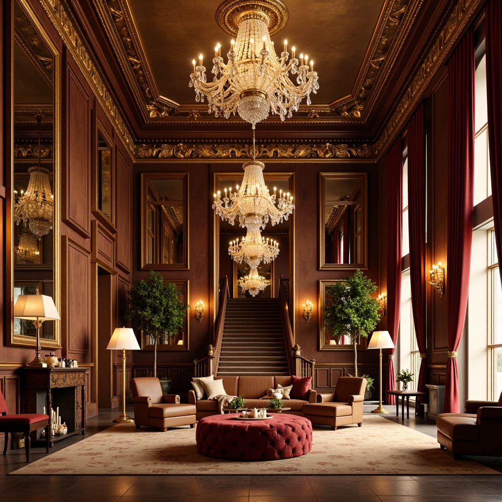 Prompt: Luxurious gymnasium, ornate chandeliers, gilded mirrors, velvet drapes, rich wood tones, intricately carved furniture, grandiose staircases, opulent upholstery, tufted ottomans, lavish floor lamps, exquisite crystal fixtures, aristocratic atmosphere, warm golden lighting, 1/2 composition, symmetrical framing, realistic reflections.