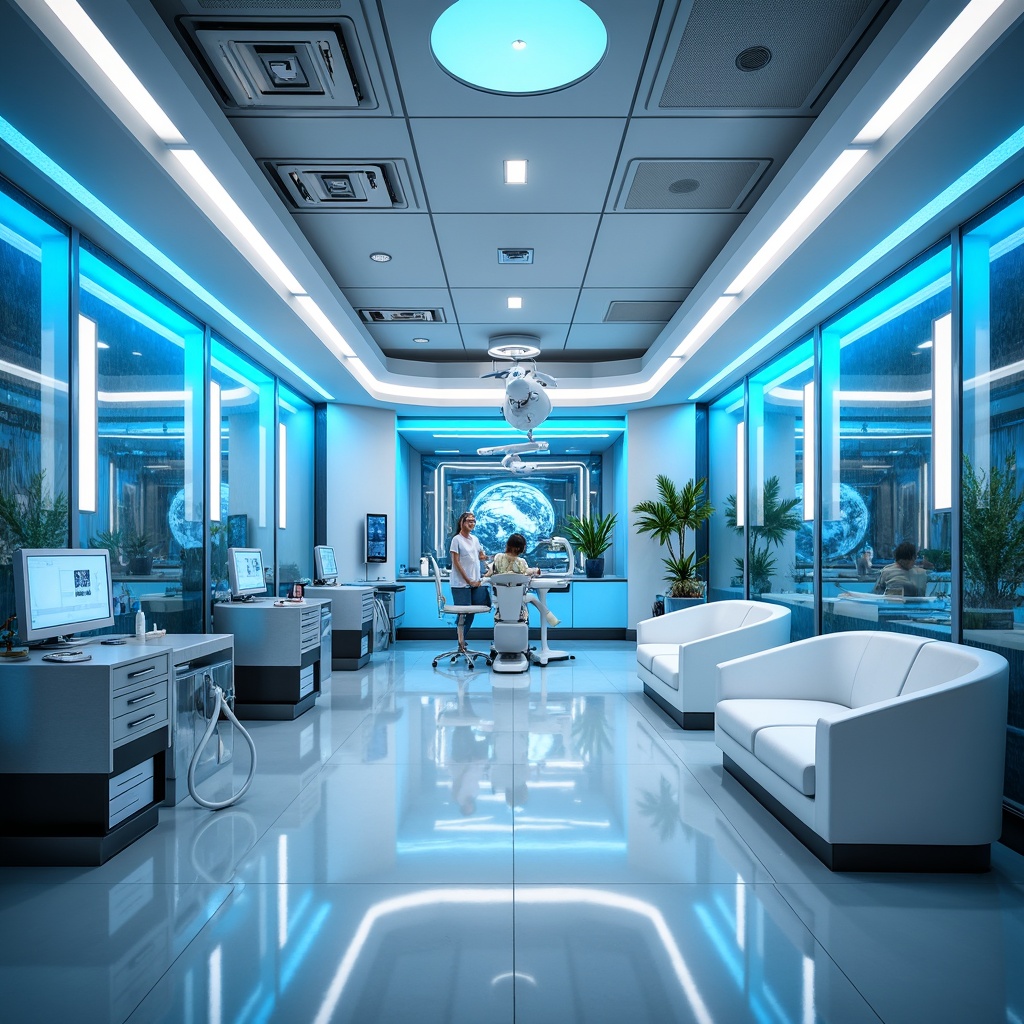 Prompt: Futuristic dental clinic, neon blue accents, metallic silver surfaces, sleek glass partitions, minimalist white furniture, LED lighting strips, holographic displays, curved lines, abstract geometric patterns, high-tech medical equipment, sterilized steel instruments, advanced 3D printing technology, virtual reality experiences, calming ambient sounds, soft focus photography, shallow depth of field, 1/1 composition, crystal clear reflections, realistic metallic textures, subtle gradient effects.