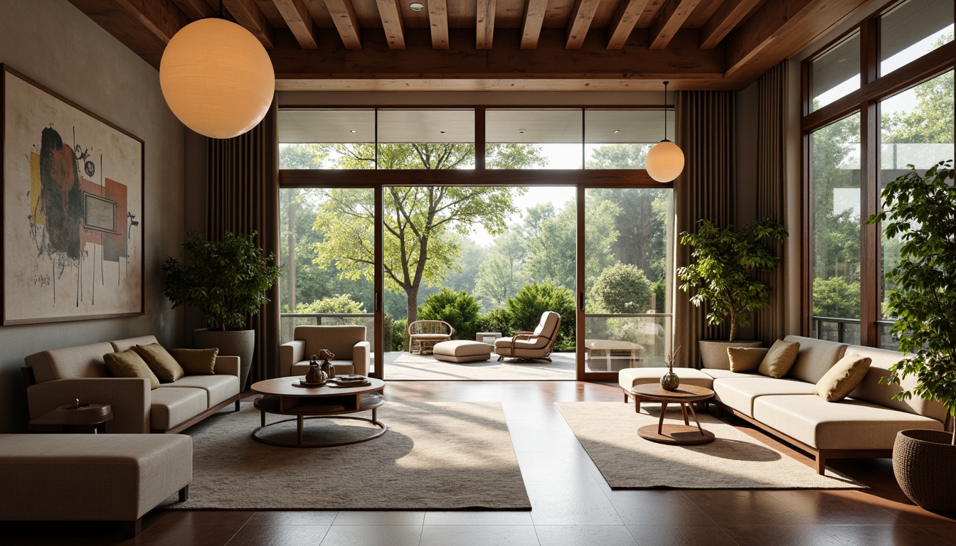 Prompt: Mid-century modern interior, sleek lighting fixtures, spherical pendant lamps, brass accents, walnut wood tones, minimalist decor, natural textiles, geometric patterns, abstract artwork, statement furniture pieces, floor-to-ceiling windows, sliding glass doors, lush greenery, warm ambient lighting, soft box shadows, 1/1 composition, realistic reflections, subtle color grading.