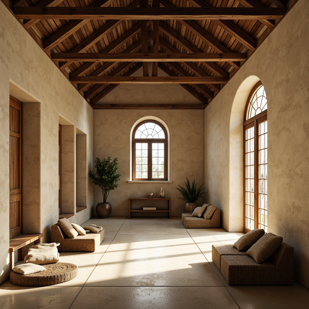 Prompt: Vaulted ceilings, stone walls, rustic wooden beams, stained glass windows, soft warm natural light, serene atmosphere, minimalist decor, simple furnishings, cream-colored stone floors, woven textiles, gentle shadows, subtle color palette, calming ambiance, quiet contemplation, peaceful retreat, filtered sunlight, delicate patterns, intricate carvings, ancient architecture, spiritual essence.