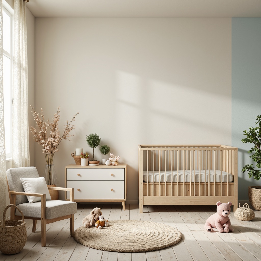 Prompt: Soft pastel hues, gentle nursery ambiance, cream-colored walls, pale blue accents, warm beige furniture, plush toys, delicate lace curtains, natural wood crib, tender greenery, soothing lighting, shallow depth of field, 1/1 composition, intimate atmosphere, realistic textures, ambient occlusion.