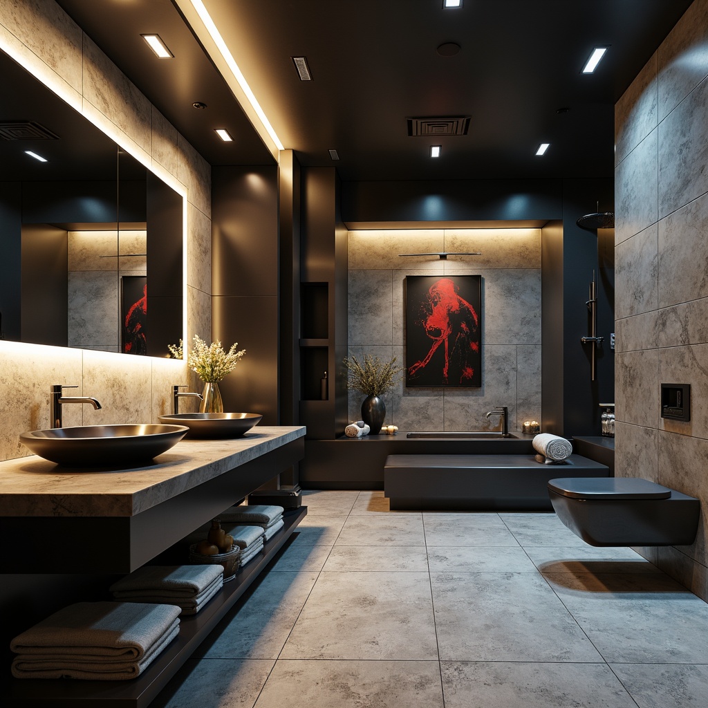 Prompt: Futuristic bathroom, sleek metal fixtures, minimalist design, LED lighting, glass countertops, polished chrome accents, large mirrors, geometric patterns, ambient occlusion, shallow depth of field, 3/4 composition, realistic reflections, high-gloss finishes, matte black surfaces, soft warm lighting, spa-inspired ambiance, natural stone walls, waterfall showerheads, rainfall shower systems, heated floors, modern sink basins, wall-mounted toilets, futuristic faucets, abstract artwork, futuristic color schemes.