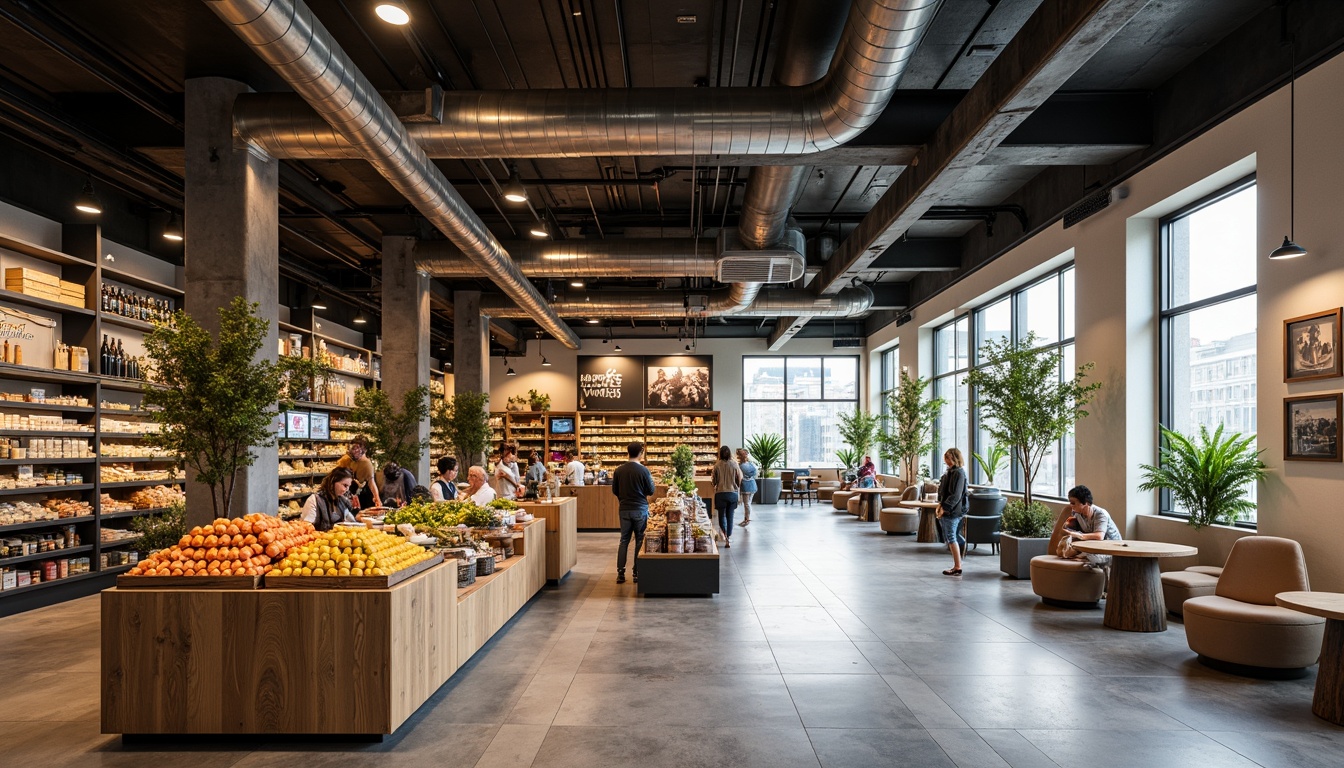 Prompt: Modern market interior, industrial chic aesthetic, exposed ductwork, polished concrete floors, reclaimed wood accents, metal beams, Edison bulb lighting, minimalist decor, open shelving, geometric displays, vibrant product arrangements, bustling atmosphere, soft natural light, shallow depth of field, 1/1 composition, realistic textures, ambient occlusion.