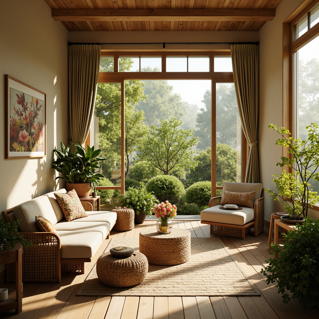 Prompt: Cozy sunroom, lush greenery, natural wood accents, warm beige walls, comfortable wicker furniture, plush cushions, soft golden lighting, elegant curtains, subtle patterns, nature-inspired artwork, vibrant floral arrangements, refreshing outdoor views, sliding glass doors, modern minimalist decor, airy atmosphere, shallow depth of field, 1/1 composition, realistic textures, ambient occlusion.