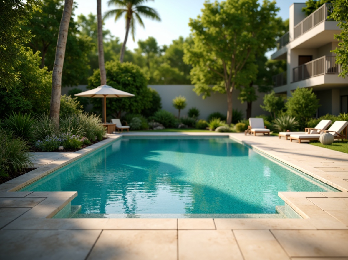 Prompt: Vibrant turquoise water, lush greenery surroundings, warm beige deck, sleek modern pool shape, elegant stone coping, refreshing misting system, sunny day ambiance, soft warm lighting, shallow depth of field, 3/4 composition, realistic textures, ambient occlusion.