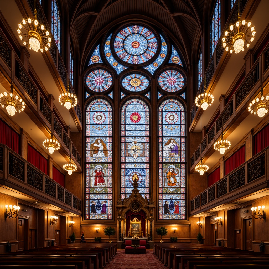 Prompt: \Vibrant stained glass windows, kaleidoscope patterns, majestic Gothic architecture, grand auditorium design, intricate stone carvings, ornate chandeliers, lavish velvet curtains, rich wooden paneling, dramatic archways, soaring ceilings, warm golden lighting, soft diffused illumination, 1/2 composition, symmetrical framing, atmospheric fog effects, realistic textures, detailed normal maps.\