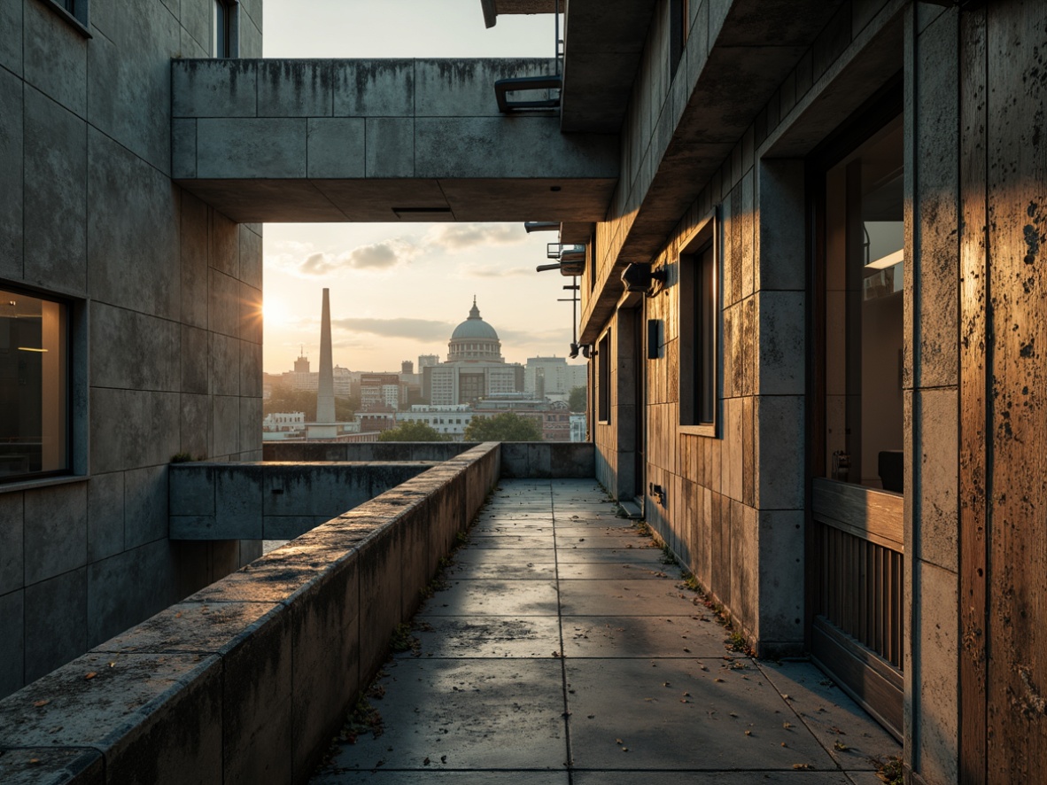 Prompt: Rugged brutalist architecture, industrial concrete walls, exposed ductwork, weathered steel beams, distressed wooden accents, urban cityscape, overcast skies, dramatic shadows, warm golden lighting, muted earth tones, cold blue undertones, rough textures, geometric patterns, bold color blocking, 3/4 composition, low-angle shot, cinematic atmosphere, realistic render.