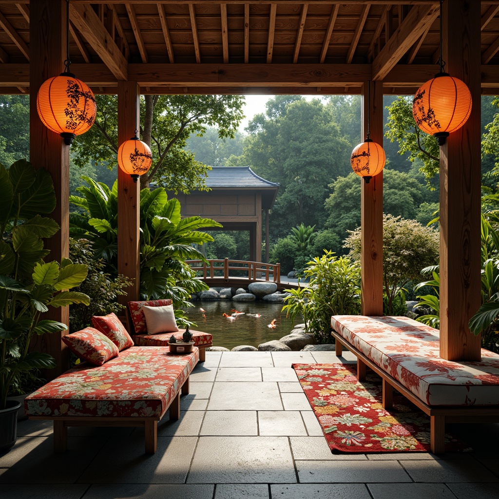 Prompt: Traditional Japanese lanterns, natural stone flooring, lush greenery, tropical plants, koi pond, wooden bridges, Asian-inspired furniture, vibrant silk fabrics, intricate embroidery patterns, bold geometric motifs, soft warm lighting, shallow depth of field, 3/4 composition, panoramic view, realistic textures, ambient occlusion.