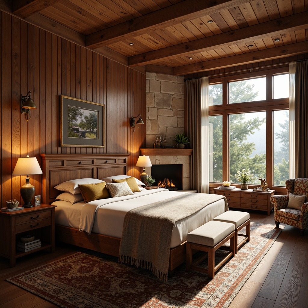 Prompt: Cozy craftsman bedroom, rich wood tones, wooden furniture, ornate carvings, rustic oak panels, plush area rug, warm golden lighting, natural stone fireplace, earthy color palette, vintage decor accents, wooden ceiling beams, soft linen bedding, comfortable reading nook, oversized windows, scenic outdoor views, misty morning atmosphere, shallow depth of field, 1/1 composition, realistic textures, ambient occlusion.