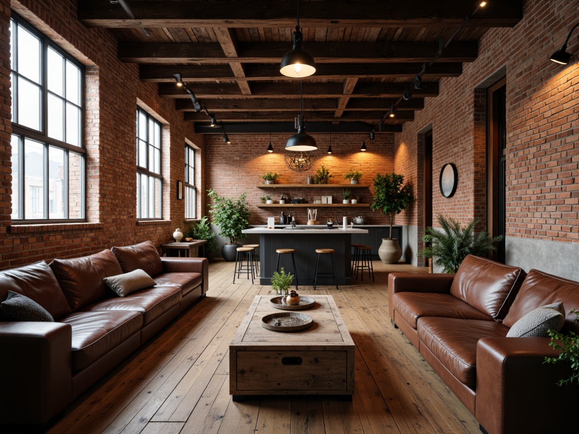 Prompt: Exposed brick walls, industrial chic decor, metal beam ceilings, reclaimed wood floors, vintage factory windows, Edison bulb pendant lights, matte black lampshades, rustic metal chandeliers, distressed leather sofas, urban loft atmosphere, warm ambient glow, softbox lighting, 1/1 composition, shallow depth of field, realistic textures, subtle color grading.