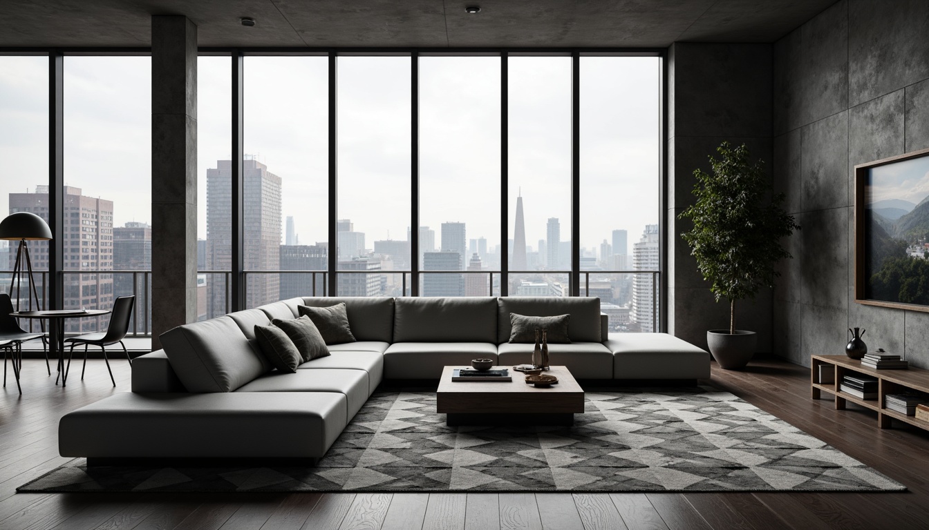 Prompt: Monochromatic color scheme, sleek low-profile sofas, minimalist coffee tables, industrial metal chairs, geometric patterned rugs, floor-to-ceiling windows, urban cityscape views, cinematic wall art, modern LED lighting, subtle ambient sounds, shallow depth of field, 1/1 composition, realistic textures, ambient occlusion.