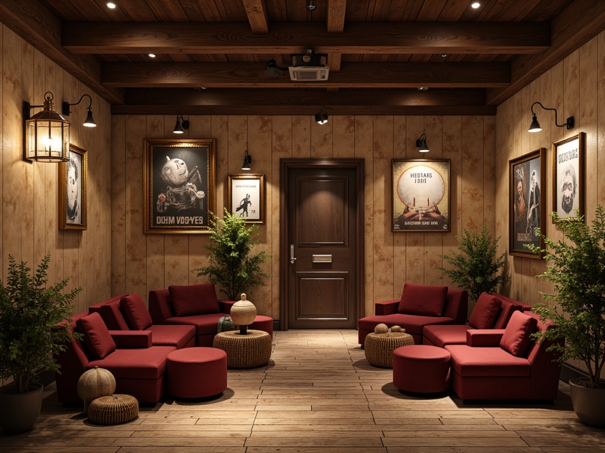 Prompt: Rustic cinema interior, distressed wooden accents, vintage metal lanterns, earthy color palette, stone walls, reclaimed wood floors, cozy seating areas, soft warm lighting, rich velvet fabrics, ornate gold frames, classic movie posters, antique film cameras, decorative spotlights, dimmable overhead lights, natural textures, organic shapes, warm beige tones, inviting atmosphere, cinematic ambiance, 1/1 composition, shallow depth of field, realistic render.