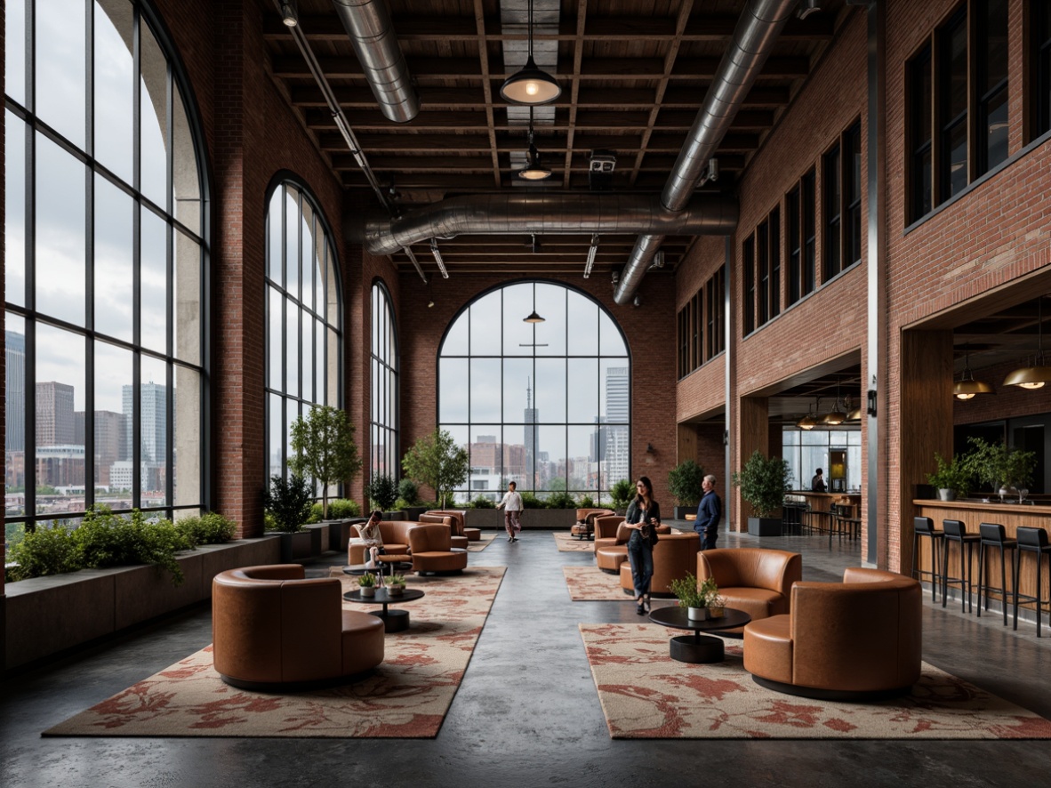 Prompt: Exposed brick walls, metal beams, industrial pipes, polished concrete floors, streamline moderne fa\u00e7ade, curved lines, circular windows, metallic accents, Art Deco patterns, luxurious leather furniture, vintage industrial lighting, distressed wood textures, urban cityscape, cloudy grey sky, dramatic shading, low-key lighting, cinematic composition, 2.35