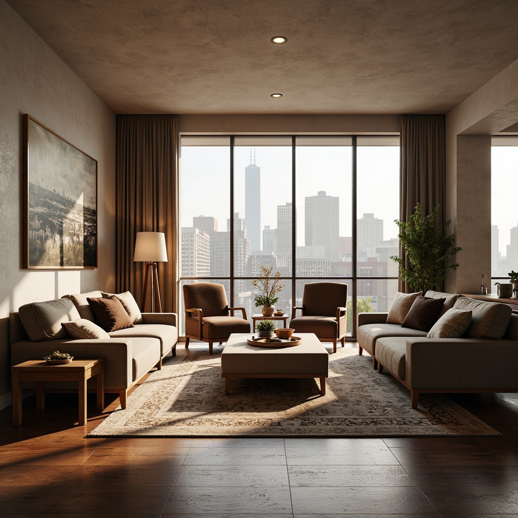 Prompt: Cozy living room, plush sofas, velvet armchairs, wooden coffee tables, soft cushions, warm lighting, comfortable seating arrangement, intimate atmosphere, stylish decor, modern minimalist design, neutral color palette, textured rugs, natural wood accents, floor-to-ceiling windows, urban city view, afternoon sunlight, 1/1 composition, shallow depth of field, realistic rendering.