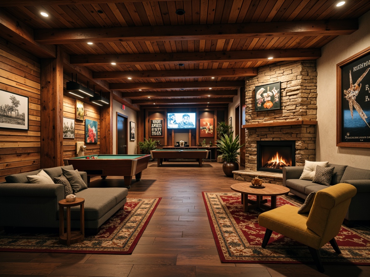 Prompt: Rustic game room, wooden accents, vintage signs, earthy color palette, plush couches, wooden coffee tables, stone fireplace, ambient warm lighting, rich textiles, cozy atmosphere, natural materials, reclaimed wood walls, exposed beams, industrial metal decor, functional storage units, hidden LED lights, 1/1 composition, soft focus, realistic shadows.